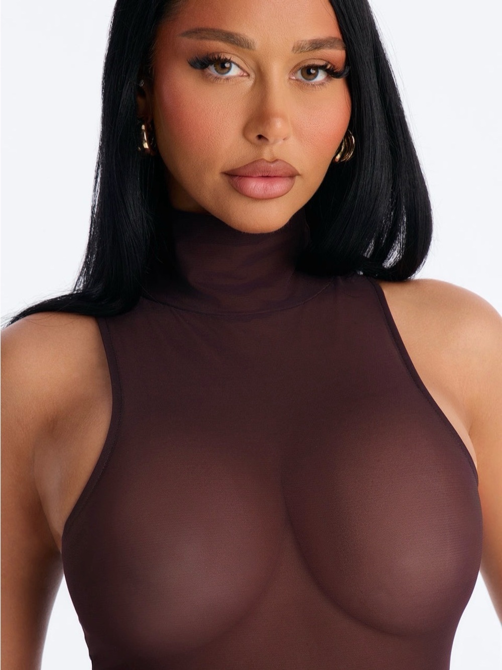 Fashion Nova Sleeveless High-Neck Sheer Bodysuit - Brown - Picture 3 of 7